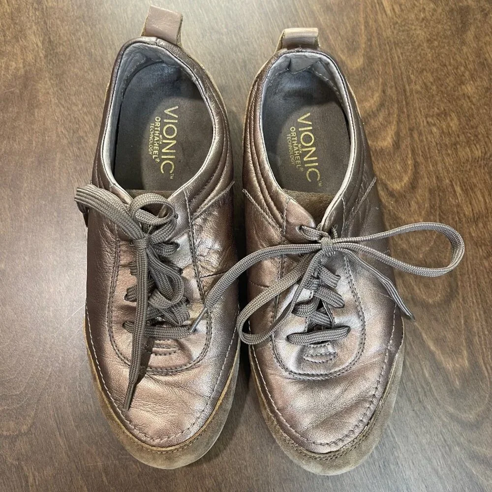 Vionic Willa Leather Sneakers Womens Size 6 Bronze Metallic Lace Up Comfort Shoe